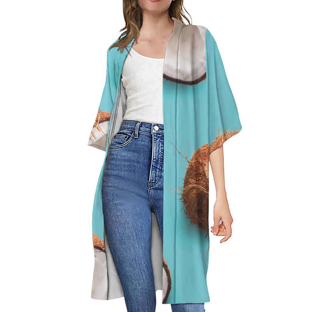 Blue Coconut Pattern Print Open Front Beach Cover Up