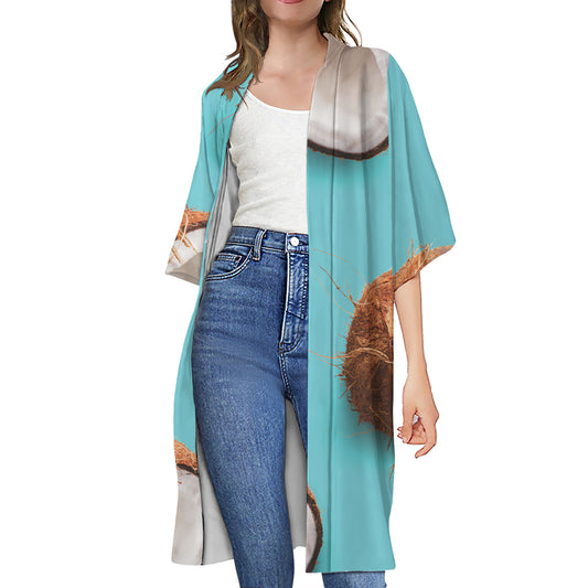 Blue Coconut Pattern Print Open Front Beach Cover Up