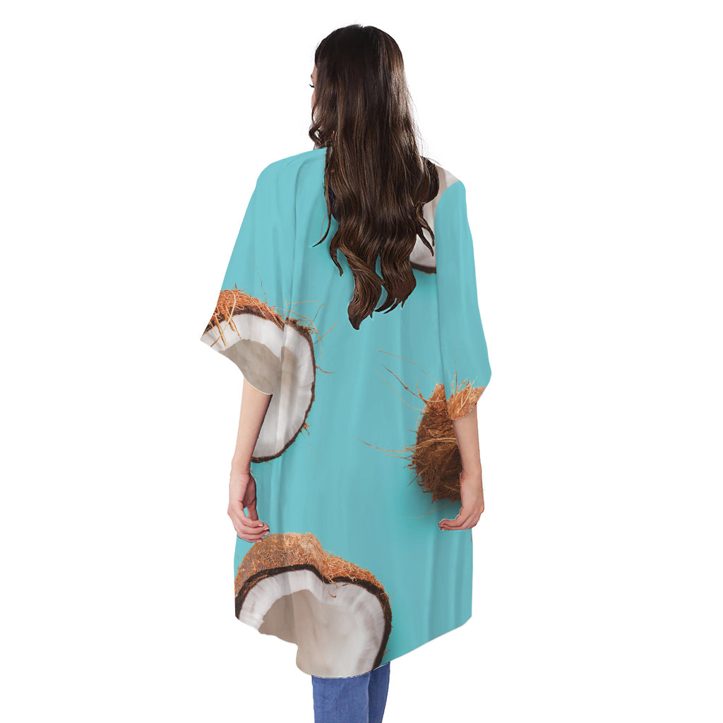 Blue Coconut Pattern Print Open Front Beach Cover Up