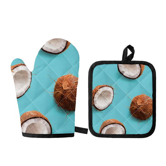 Blue Coconut Pattern Print Oven Mitt And Pot Holder Set