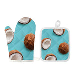 Blue Coconut Pattern Print Oven Mitt And Pot Holder Set