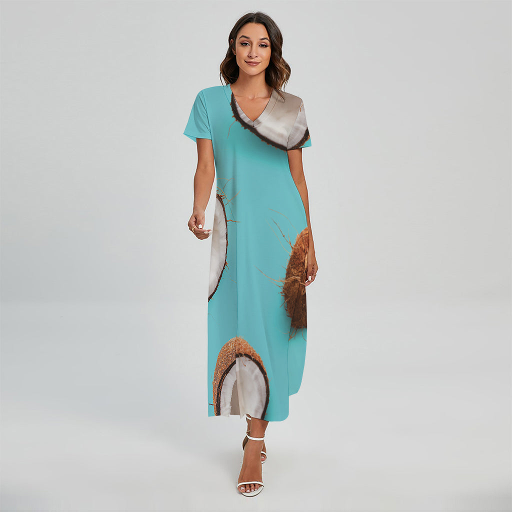 Blue Coconut Pattern Print Short Sleeve Maxi Dress