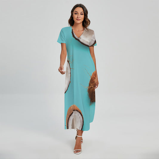 Blue Coconut Pattern Print Short Sleeve Maxi Dress