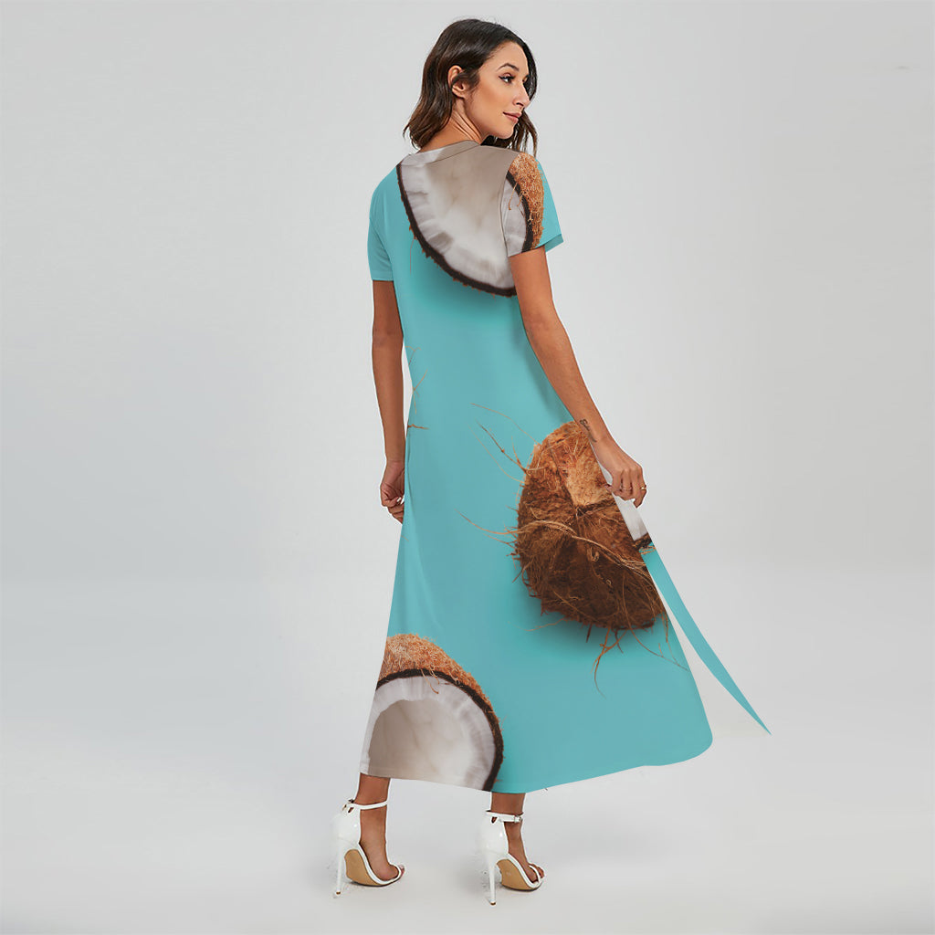 Blue Coconut Pattern Print Short Sleeve Maxi Dress