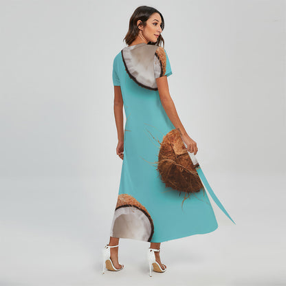 Blue Coconut Pattern Print Short Sleeve Maxi Dress