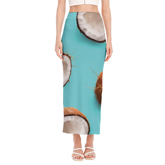 Blue Coconut Pattern Print Side Slit Maxi Skirt