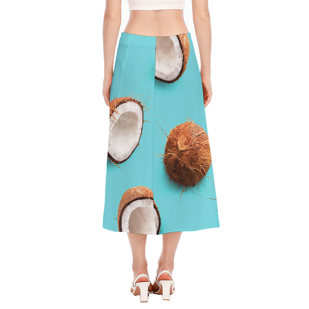 Blue Coconut Pattern Print Side Slit Midi Skirt