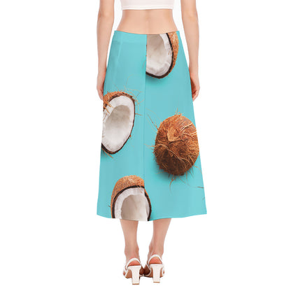 Blue Coconut Pattern Print Side Slit Midi Skirt