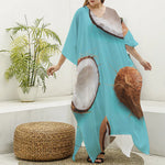 Blue Coconut Pattern Print Silk V-Neck Kaftan Dress