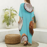 Blue Coconut Pattern Print Silk V-Neck Kaftan Dress