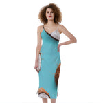 Blue Coconut Pattern Print Slim Fit Midi Cami Dress