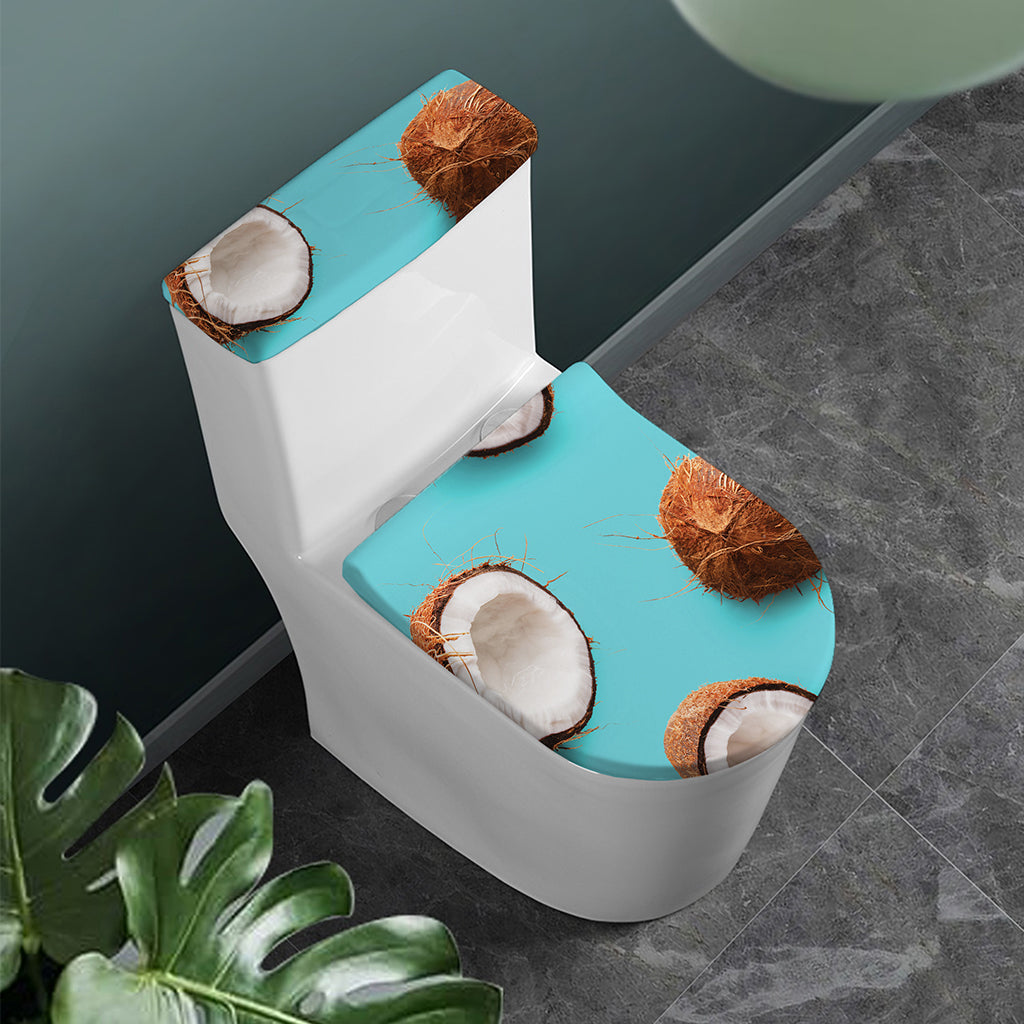 Blue Coconut Pattern Print Toilet Lid And Tank Cover Set