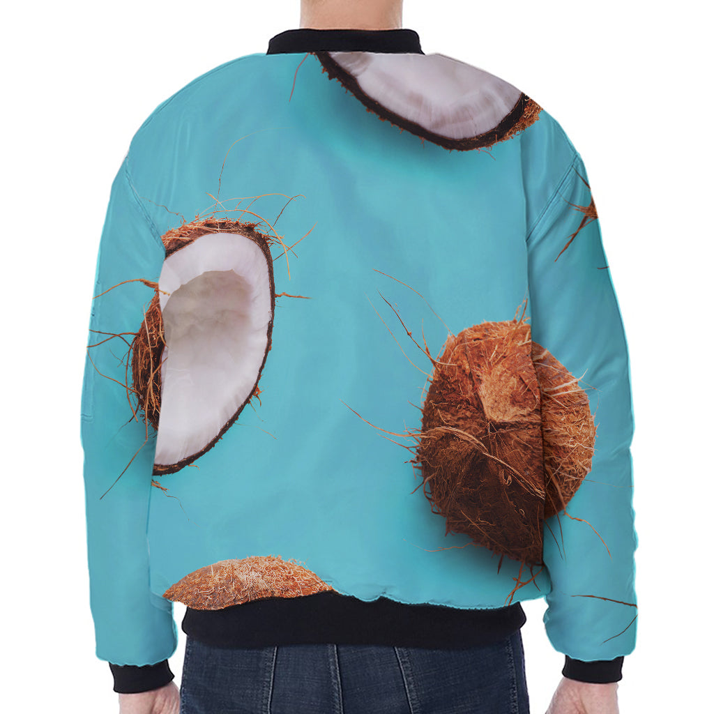 Blue Coconut Pattern Print Zip Sleeve Bomber Jacket