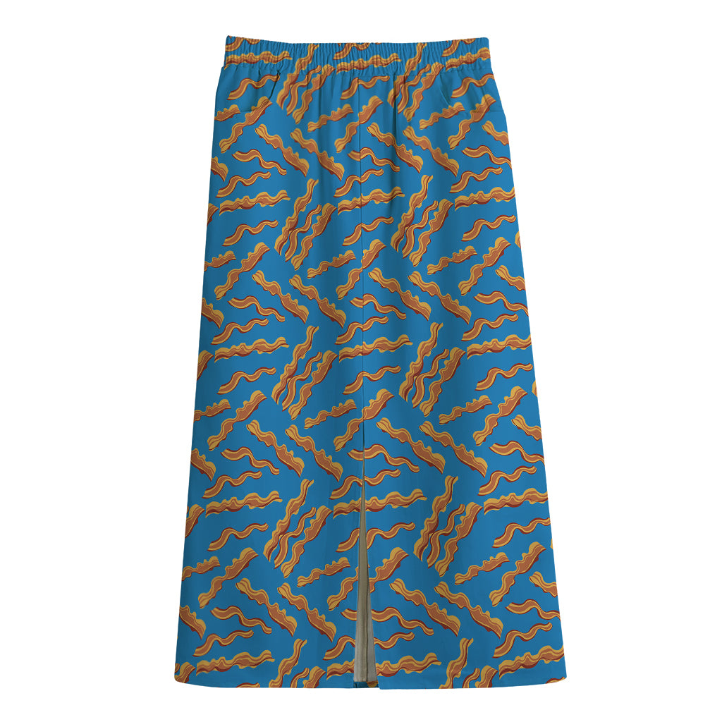 Blue Crispy Bacon Pattern Print Cotton Front Slit Maxi Skirt