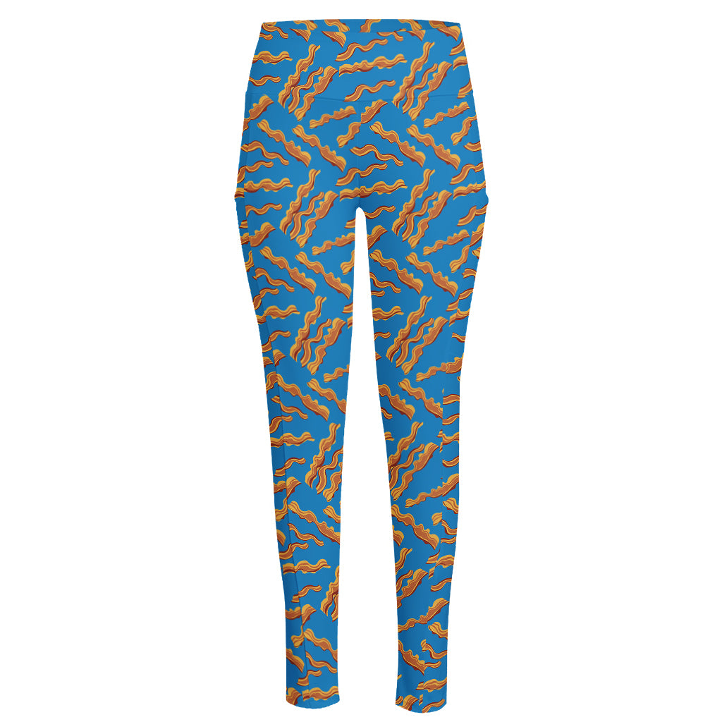 Blue Crispy Bacon Pattern Print High-Waisted Pocket Leggings