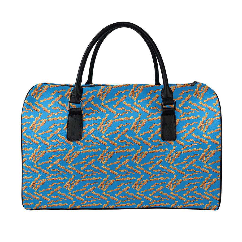 Blue Crispy Bacon Pattern Print Leather Duffle Bag