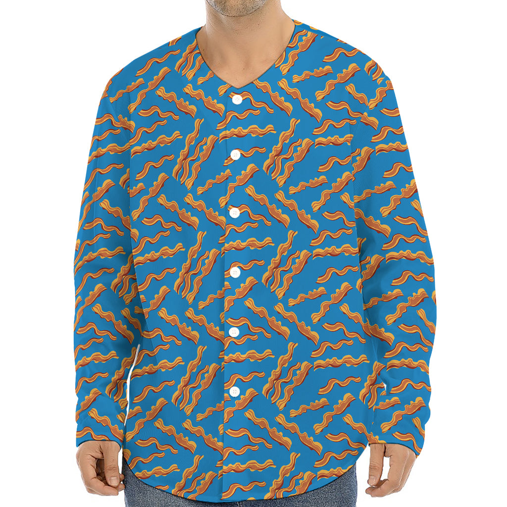 Blue Crispy Bacon Pattern Print Long Sleeve Baseball Jersey