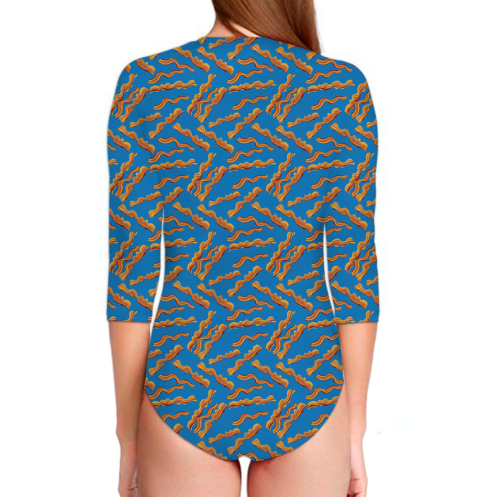 Blue Crispy Bacon Pattern Print Long Sleeve Swimsuit