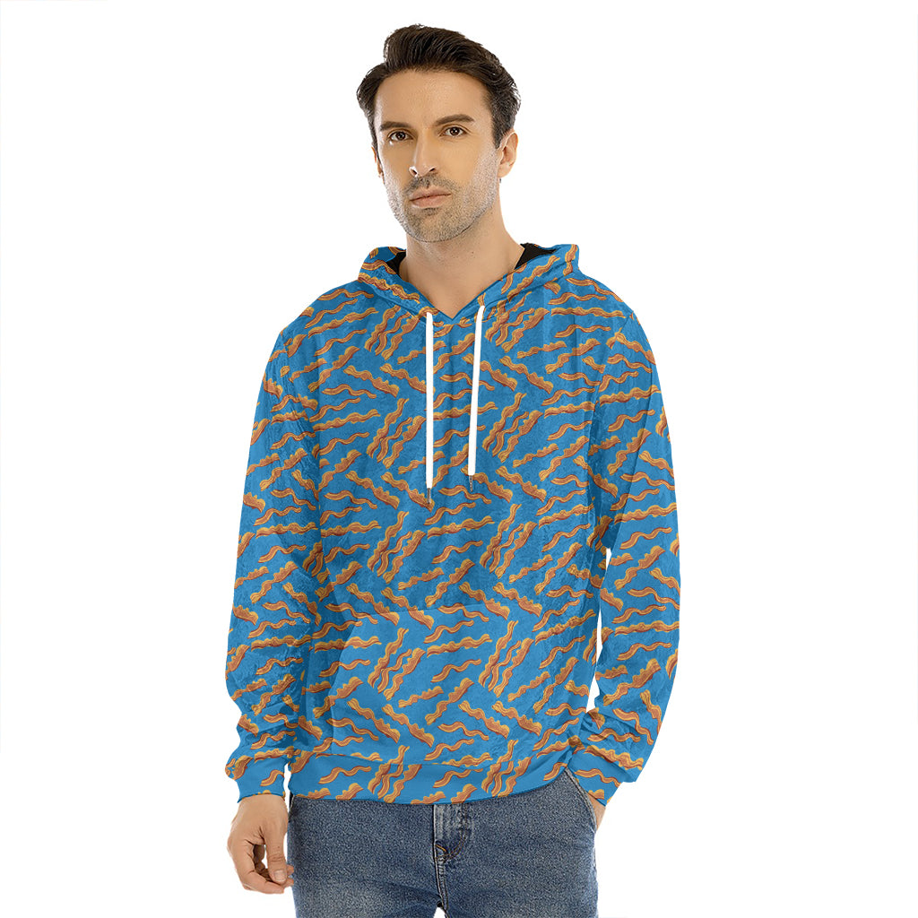 Blue Crispy Bacon Pattern Print Men's Velvet Pullover Hoodie