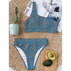 Blue Crispy Bacon Pattern Print One Shoulder Bikini Top