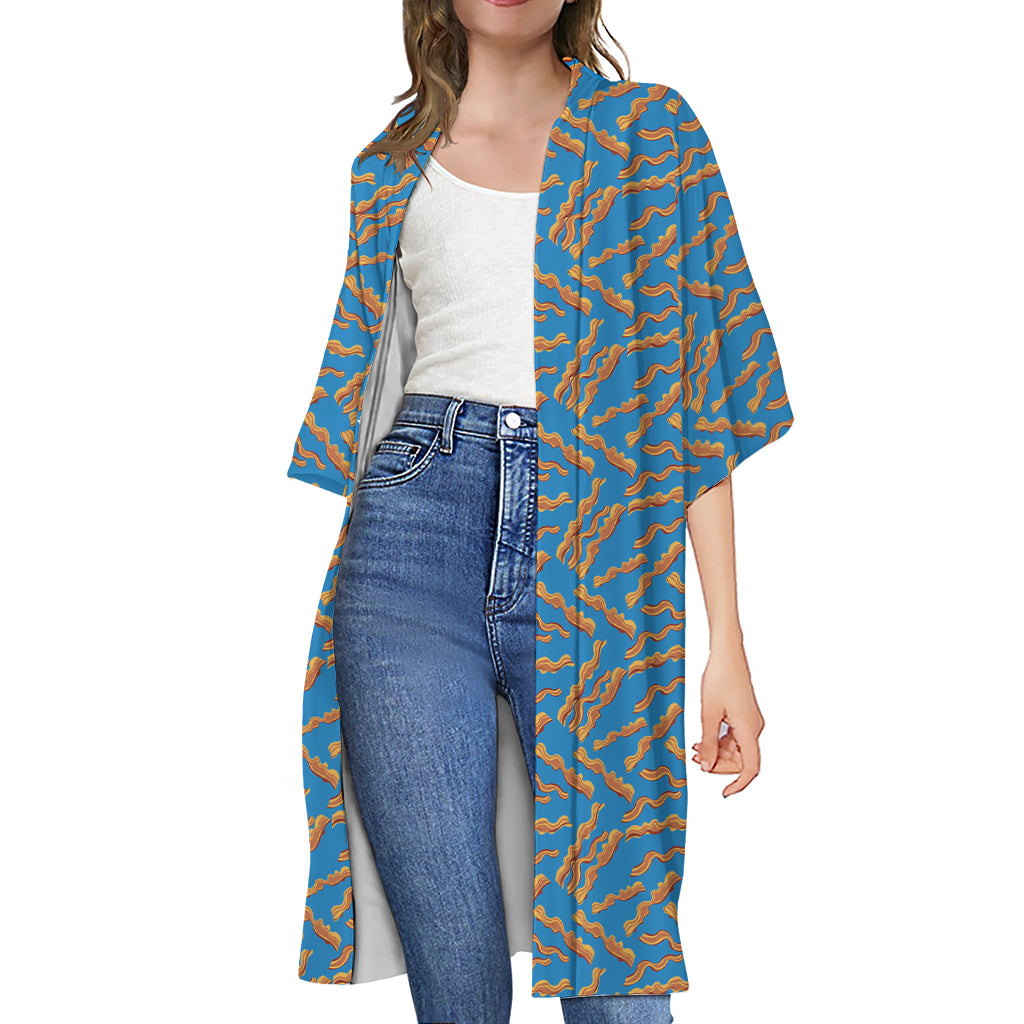 Blue Crispy Bacon Pattern Print Open Front Beach Cover Up