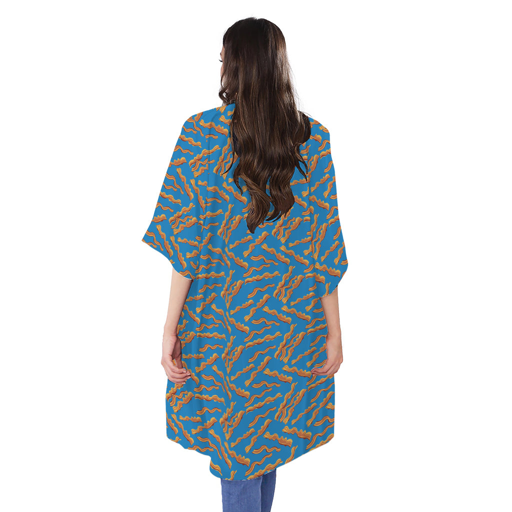 Blue Crispy Bacon Pattern Print Open Front Beach Cover Up