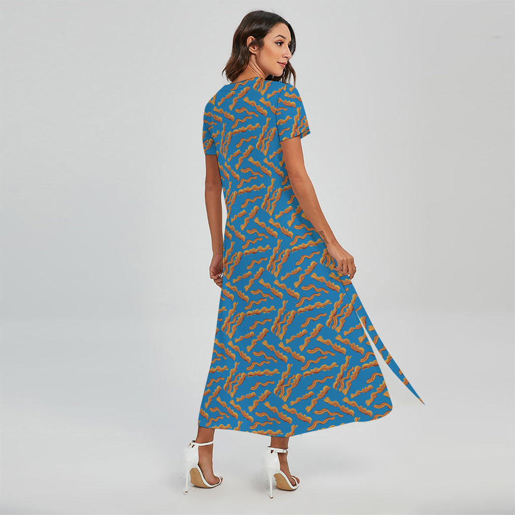 Blue Crispy Bacon Pattern Print Short Sleeve Maxi Dress