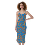 Blue Crispy Bacon Pattern Print Slim Fit Midi Cami Dress