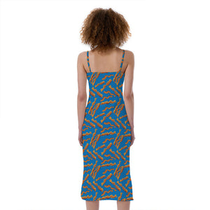 Blue Crispy Bacon Pattern Print Slim Fit Midi Cami Dress