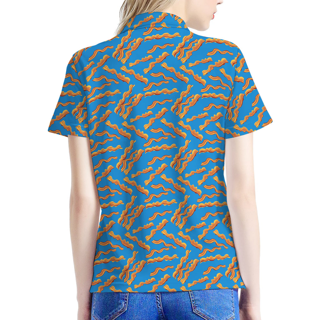 Blue Crispy Bacon Pattern Print Women's Polo Shirt