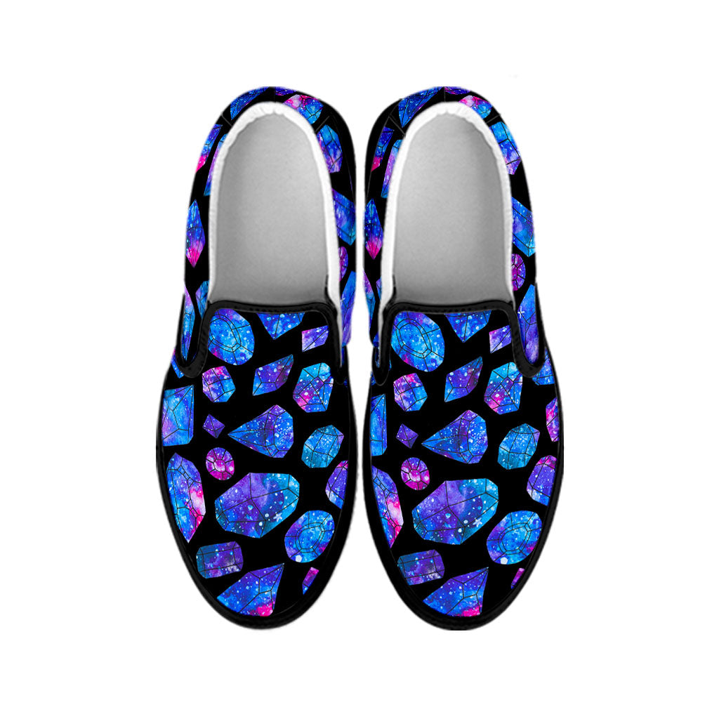 Blue Crystal Cosmic Galaxy Space Print Black Slip On Sneakers