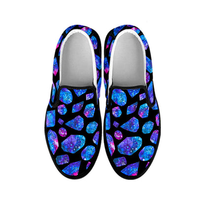 Blue Crystal Cosmic Galaxy Space Print Black Slip On Sneakers