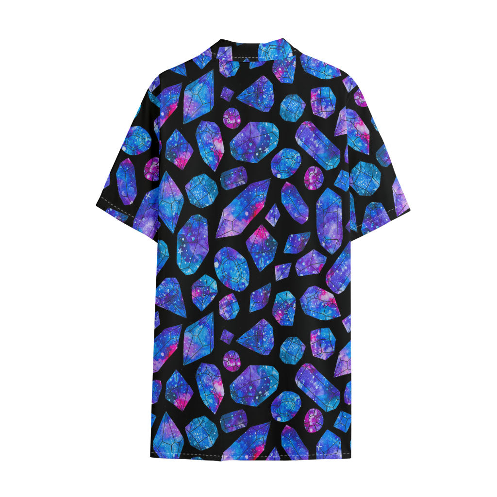 Blue Crystal Cosmic Galaxy Space Print Cotton Hawaiian Shirt