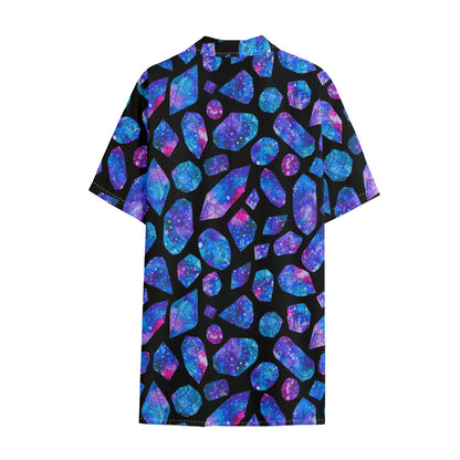 Blue Crystal Cosmic Galaxy Space Print Cotton Hawaiian Shirt