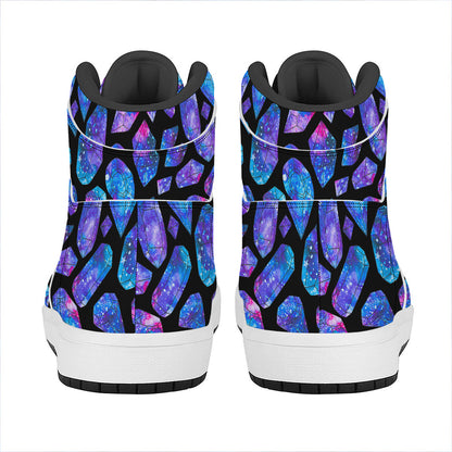 Blue Crystal Cosmic Galaxy Space Print High Top Leather Sneakers