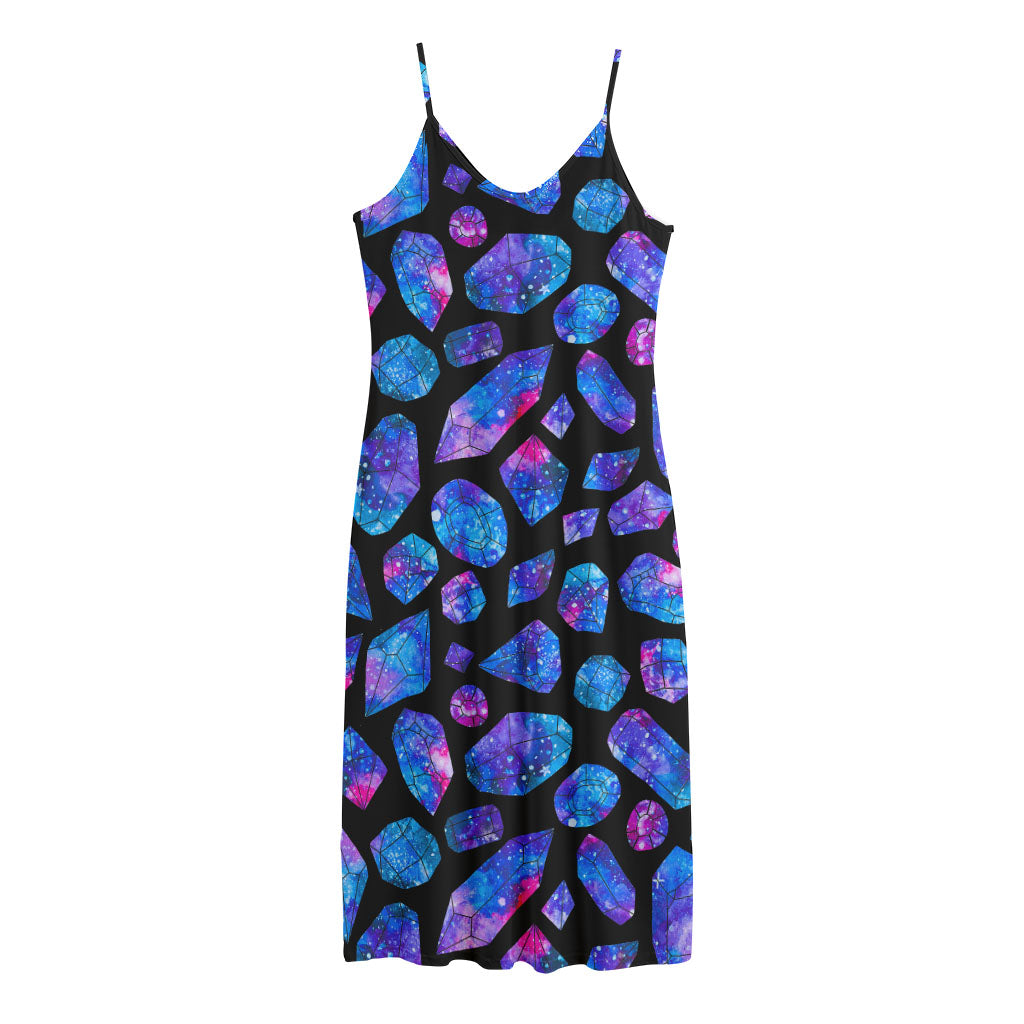 Blue Crystal Cosmic Galaxy Space Print Jersey Midi Cami Dress