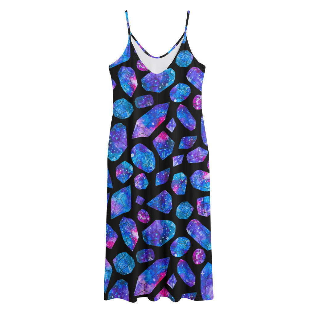 Blue Crystal Cosmic Galaxy Space Print Jersey Midi Cami Dress