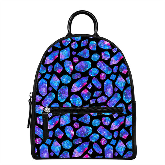 Blue Crystal Cosmic Galaxy Space Print Leather Backpack