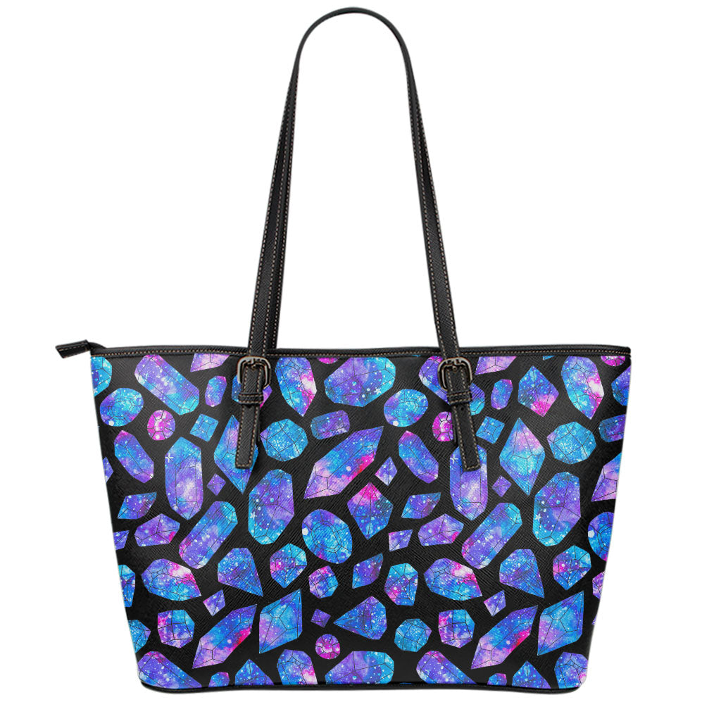 Blue Crystal Cosmic Galaxy Space Print Leather Tote Bag