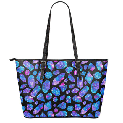 Blue Crystal Cosmic Galaxy Space Print Leather Tote Bag
