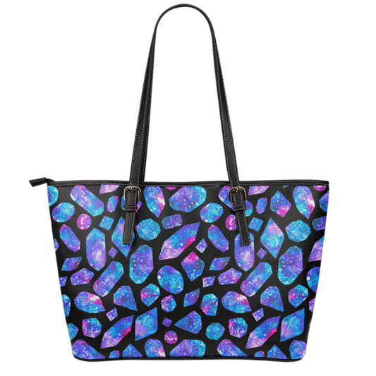 Blue Crystal Cosmic Galaxy Space Print Leather Tote Bag
