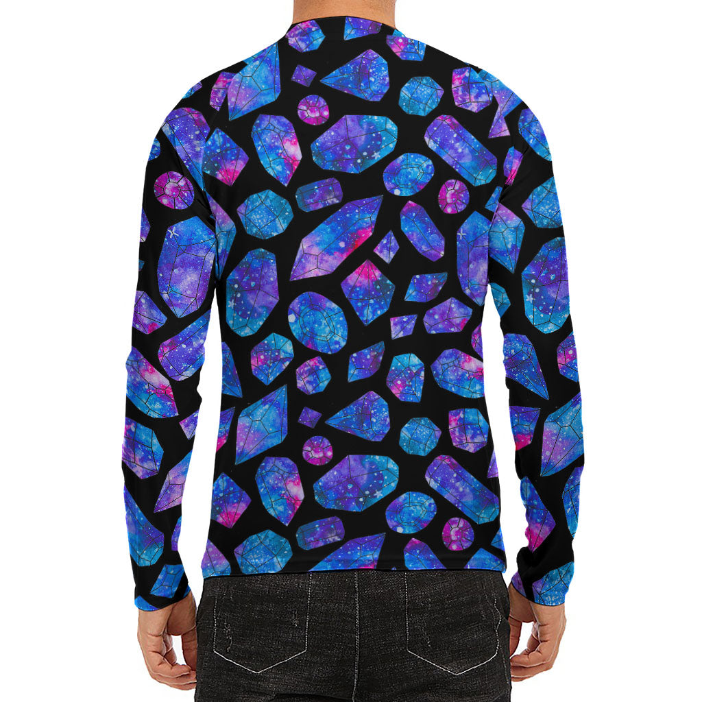 Blue Crystal Cosmic Galaxy Space Print Men's Long Sleeve Rash Guard