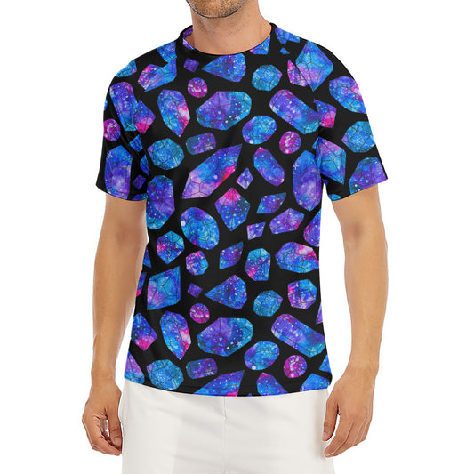 Blue Crystal Cosmic Galaxy Space Print Men's Short Sleeve Rash Guard