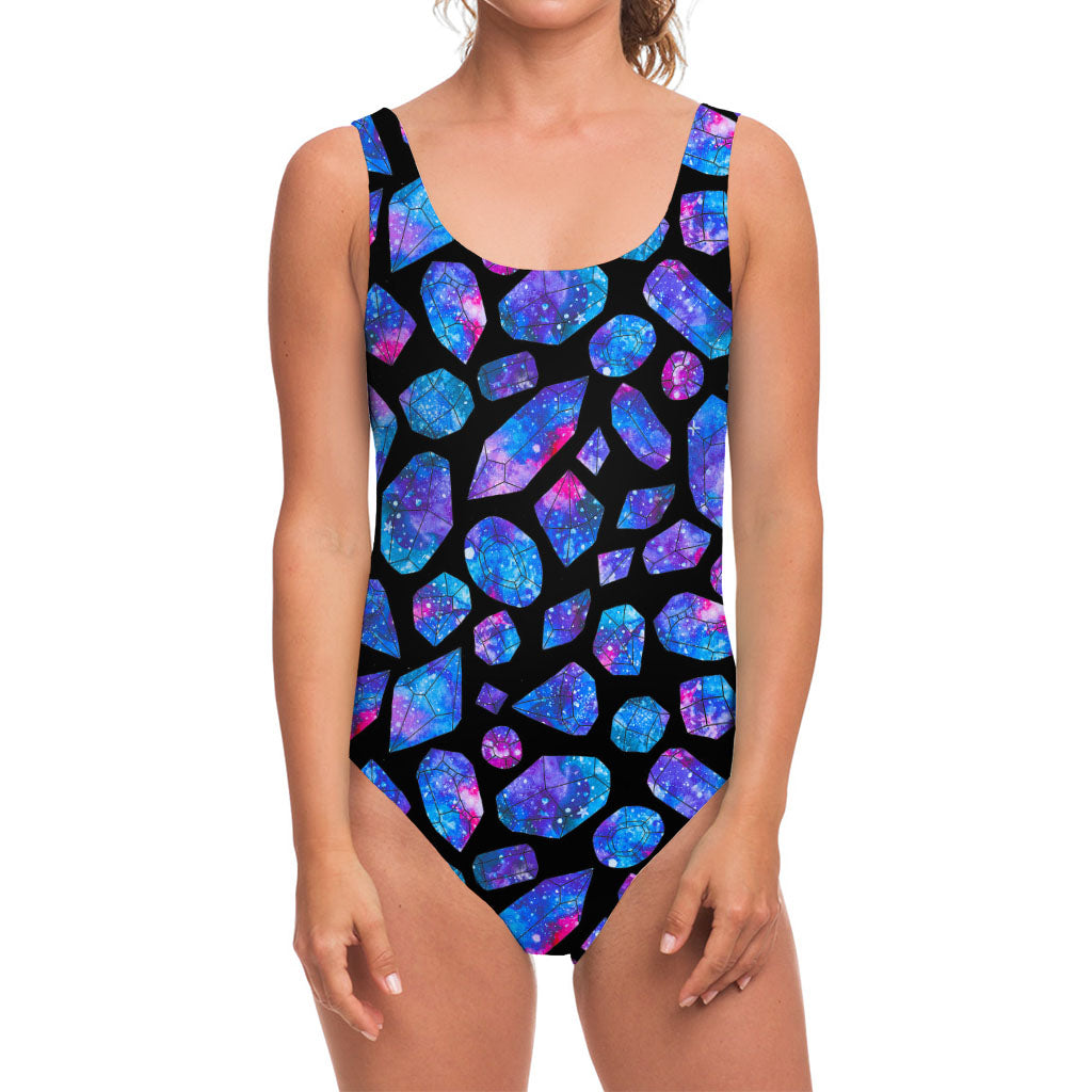 Blue Crystal Cosmic Galaxy Space Print One Piece Swimsuit