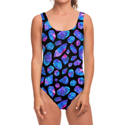 Blue Crystal Cosmic Galaxy Space Print One Piece Swimsuit