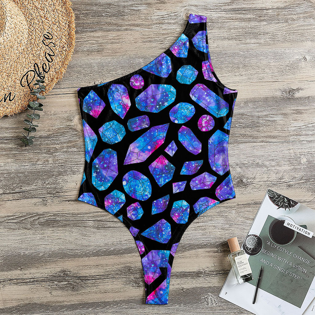 Blue Crystal Cosmic Galaxy Space Print One Shoulder Bodysuit