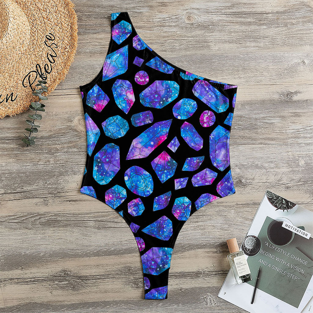 Blue Crystal Cosmic Galaxy Space Print One Shoulder Bodysuit