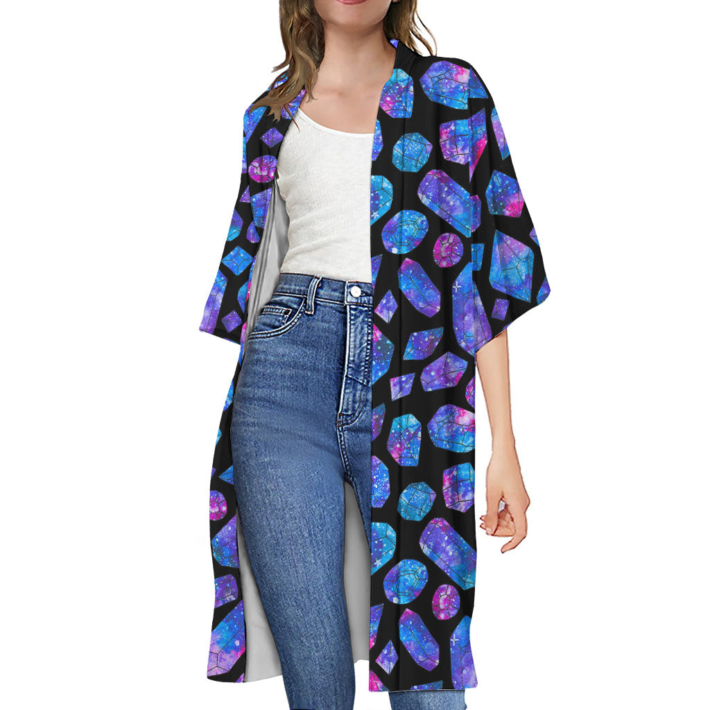 Blue Crystal Cosmic Galaxy Space Print Open Front Beach Cover Up