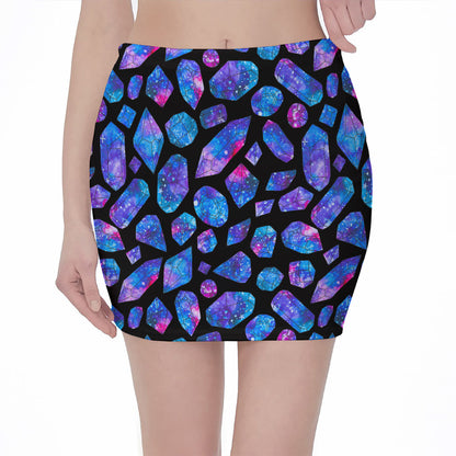 Blue Crystal Cosmic Galaxy Space Print Pencil Mini Skirt