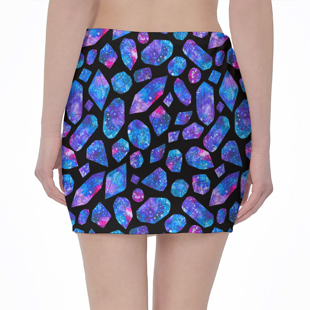 Blue Crystal Cosmic Galaxy Space Print Pencil Mini Skirt